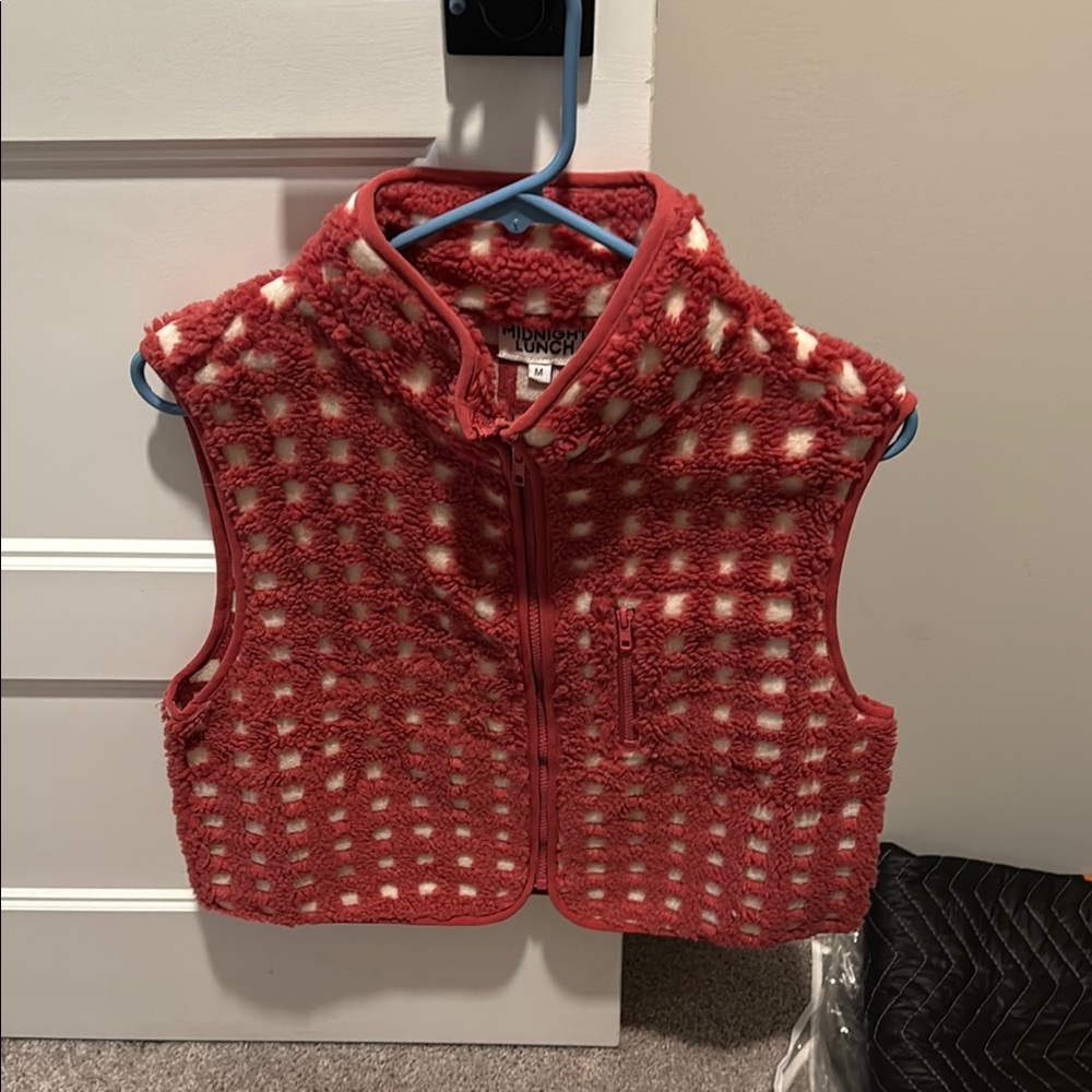 Women's midnight lunch brand white and Red Fleece plaid gingham Vest